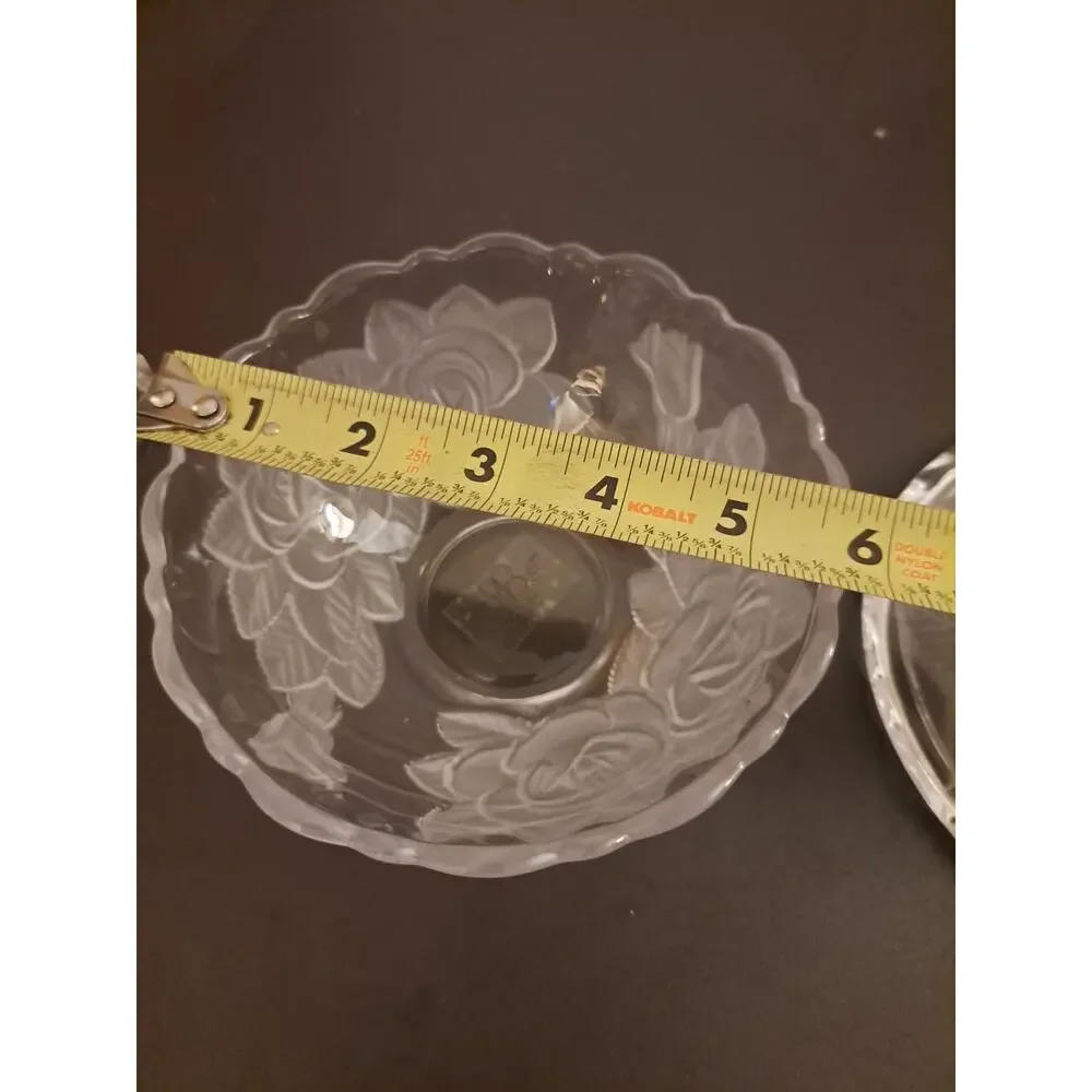 Vintage Beautiful Glass Candy Dish with Embossed Frosted Roses on Bowl and Lid